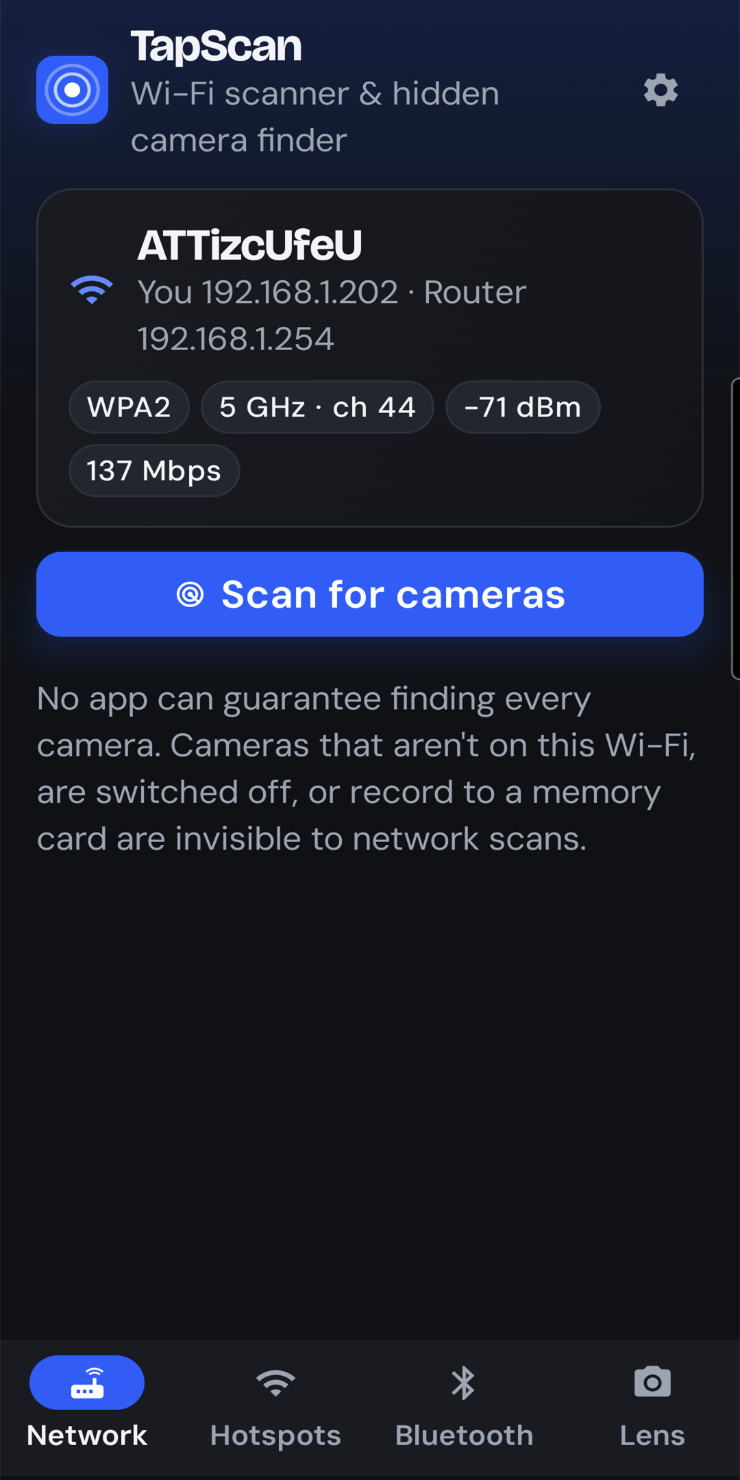 TapScan's Network tab showing the connected Wi-Fi network's name, addresses, security and channel, with a Scan for cameras button
