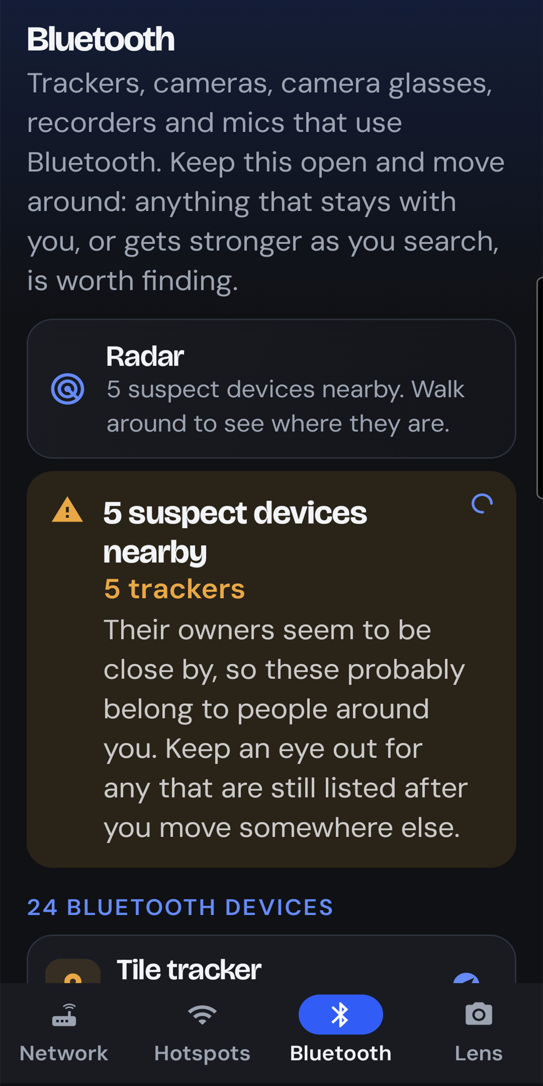 The Bluetooth tab with the Radar card and a notice of five suspect devices nearby, all trackers whose owners seem close by