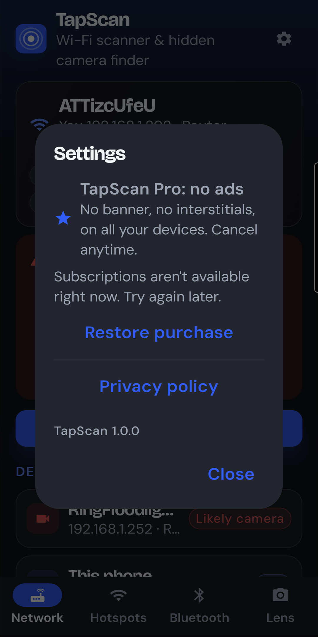 TapScan's settings dialog with the TapScan Pro no-ads subscription, Restore purchase and Privacy policy