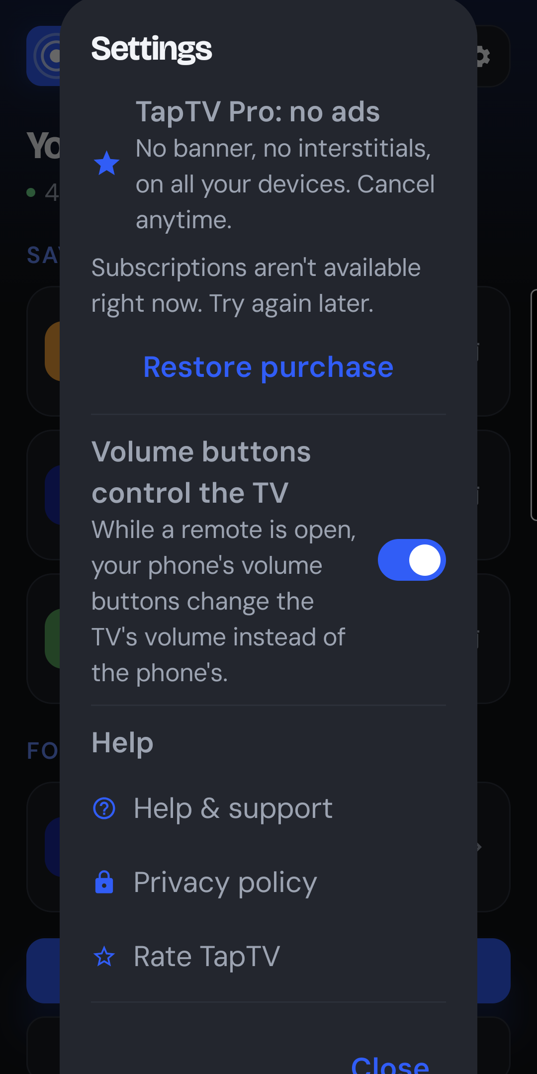 TapTV's settings screen